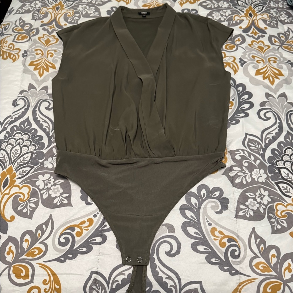 Express Olive Green Wrap-Front Bodysuit Sz M